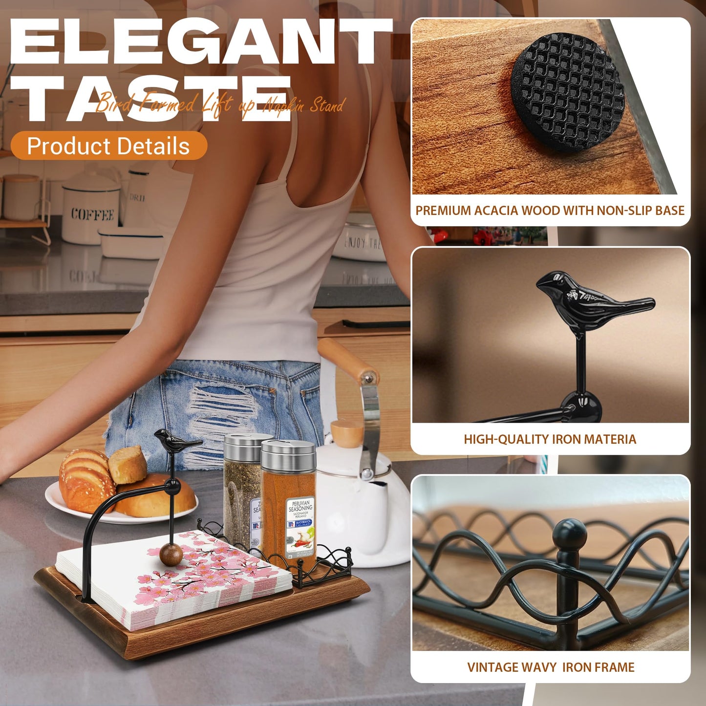 Elegant Flat Wooden Napkin Holder with Bird Design, Multifunctional Napkin Holder for Table, Kitchen, Outdoor Use Walnut Brown Wood Base Includes Space for Salt and Pepper Shakers