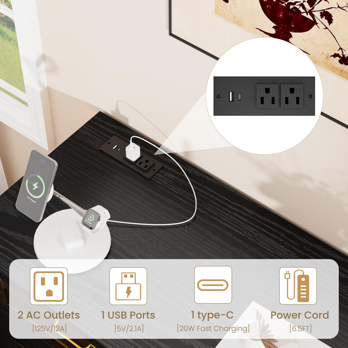 IDEALHOUSE 6 Drawer Dresser with Charging Station & LED Lights