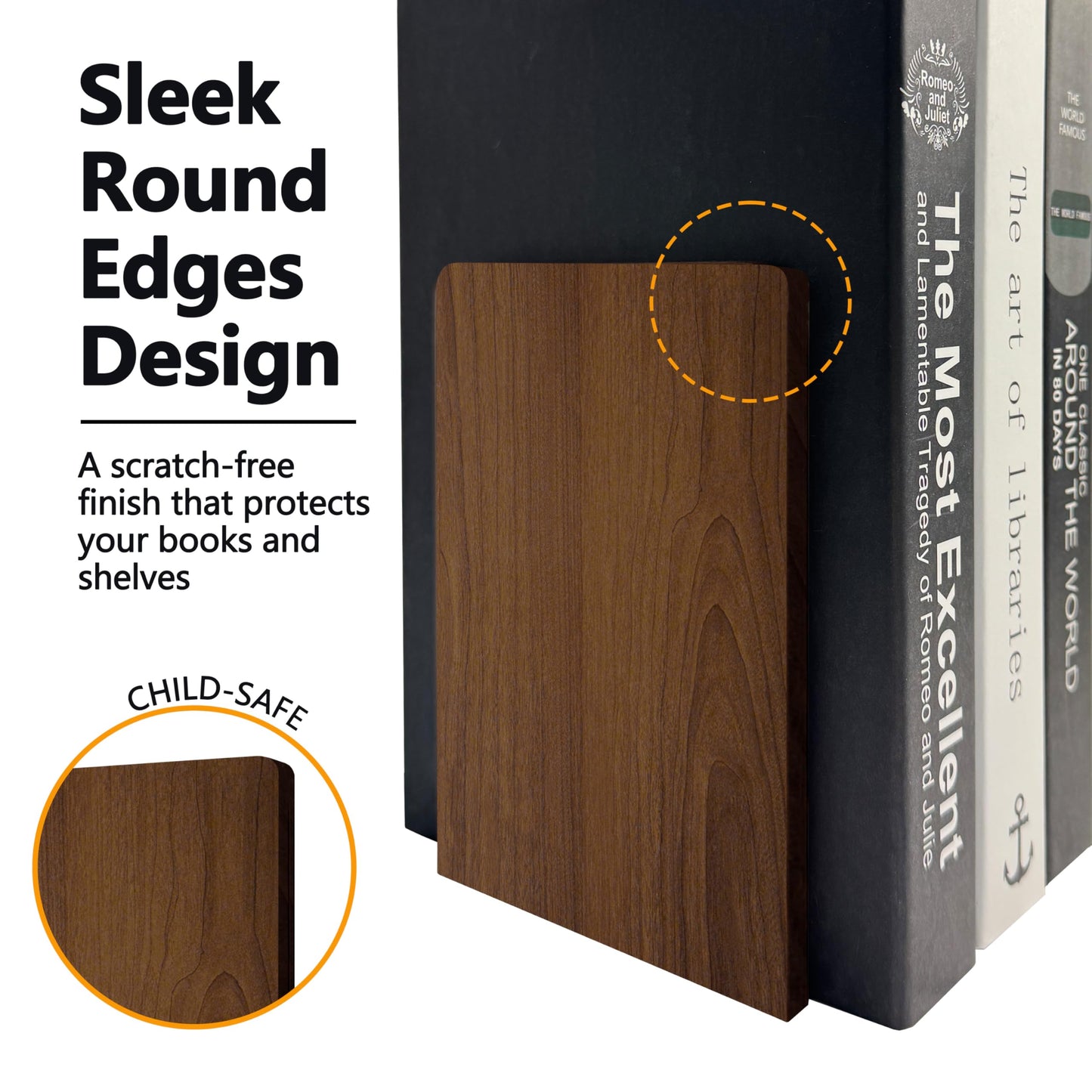 Brosisincorp Walnut Wood Book Ends for Shelves - Hand Polished Edges, Non-Skid Bookends for Heavy Duty Book Holders Office Desk Shelves Decorative Book Organizer, 6.69"H x 4.72"W x 3.94"L (3 Pairs)