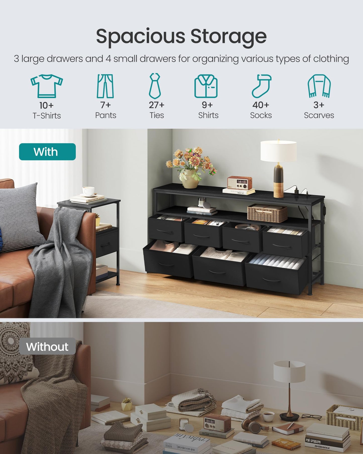 SONGMICS BELLAH Collection - Dresser for Bedroom with App-Controlled LED Lights and Charging Station, Chest of Drawers, TV Stand, 7 Drawers, Shelf, Modern, Ink Black ULGS733BH02S