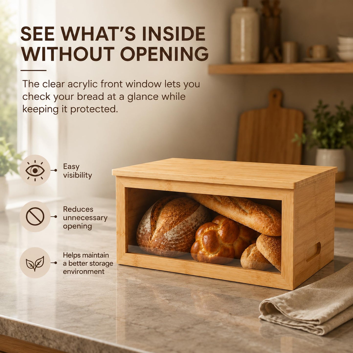 Inspera Bamboo Bread Box with Cutting Board Lid – Large Wooden Kitchen Countertop Storage Bin for Loaves and Pastries – Clear Acrylic Window Display – 15.4 x 9.9 Inch