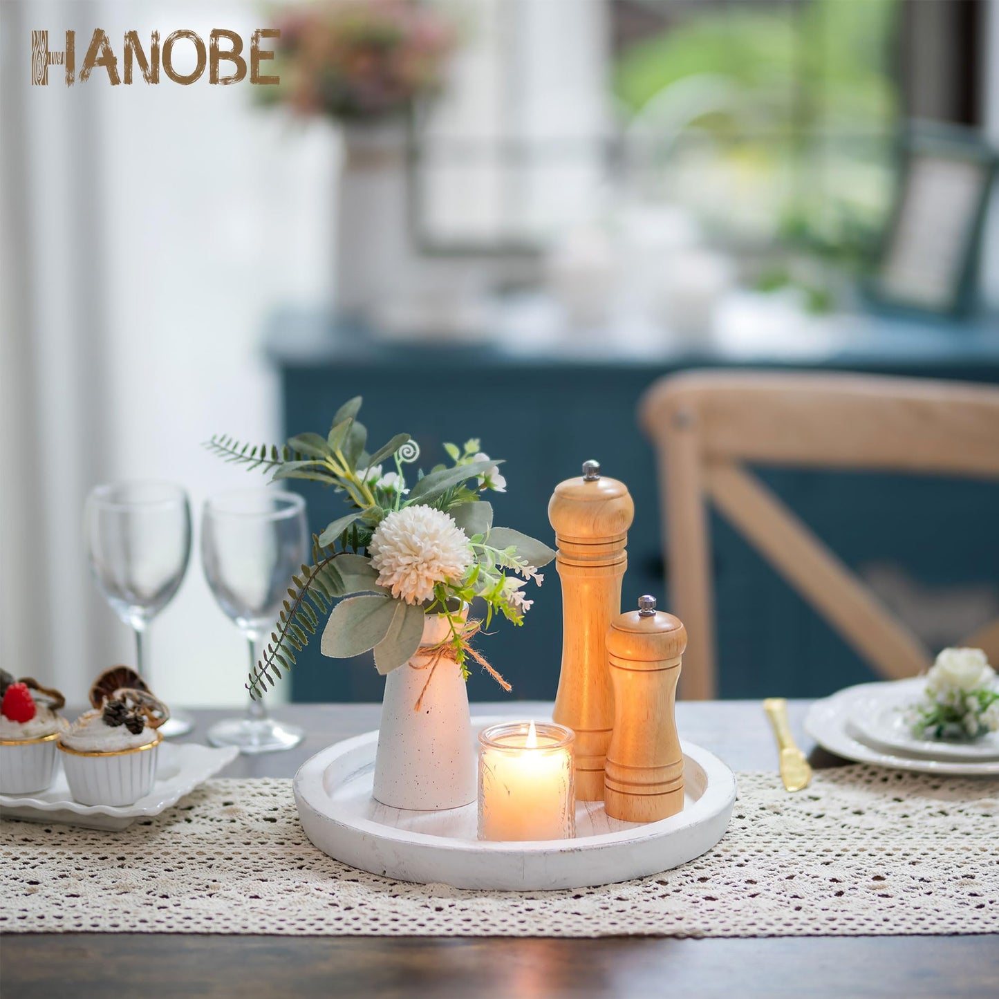 Hanobe Rustic Wooden Serving Tray: Round Wood Decorative Tray Rustic White Set of 2 Centerpiece Candle Holder Trays Farmhouse Ottoman Tray for Kitchen Counter Home Decor for Coffee Table