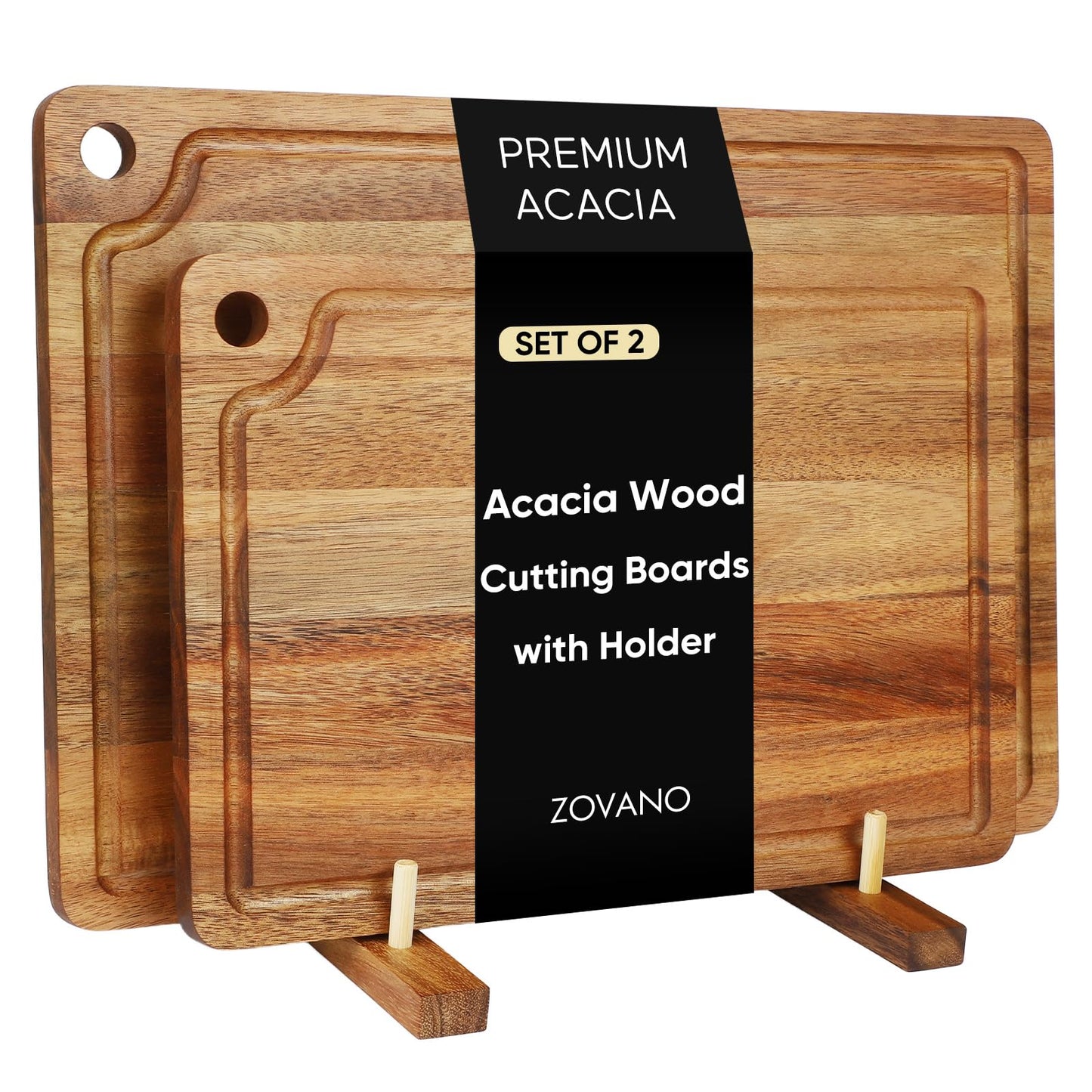 Acacia Wood Cutting Board Set of 2 with Storage Stand,Wooden Chopping Boards with Drying Holder， Deep Juice Grooves & Hanging Holes, Reversible Charcuterie Boards, Housewarming Gift