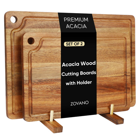 Acacia Wood Cutting Board Set of 2 with Storage Stand,Wooden Chopping Boards with Drying Holder， Deep Juice Grooves & Hanging Holes, Reversible Charcuterie Boards, Housewarming Gift