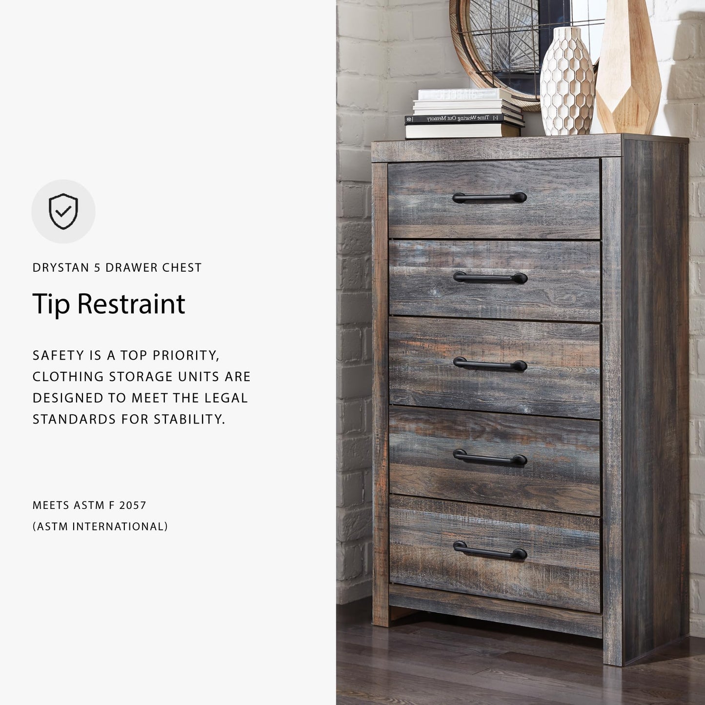 Signature Design by Ashley Drystan Chest of Drawers, 5 Drawer Tall Dresser, Assembled, Engineered Wood, For Bedroom Storage, Brown Gray