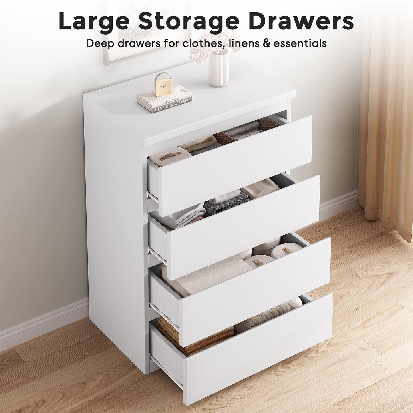 Jocoevol 4 Drawer Dresser for Bedroom, White Dresser Chest of Drawers - Large Wood Dressers TV Stand with Deep Drawers Dressers for Living Room, Hallway, Entryway - White
