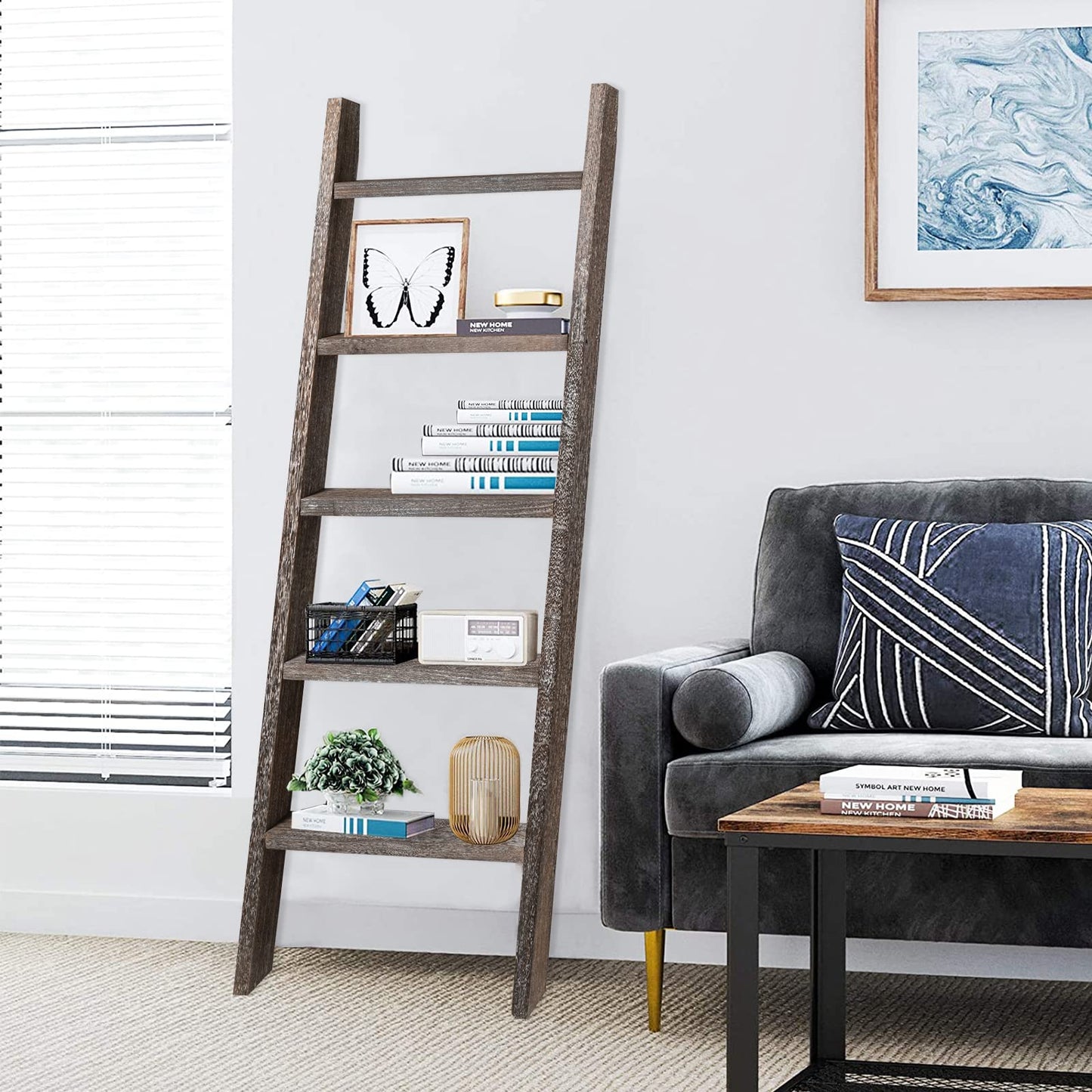 Natsukage Rustic Wooden Blanket Ladder - Farmhouse Decorative Ladder Shelf for Living Room, Bathroom, Bedroom (63" x 22", Rustic Walnut)