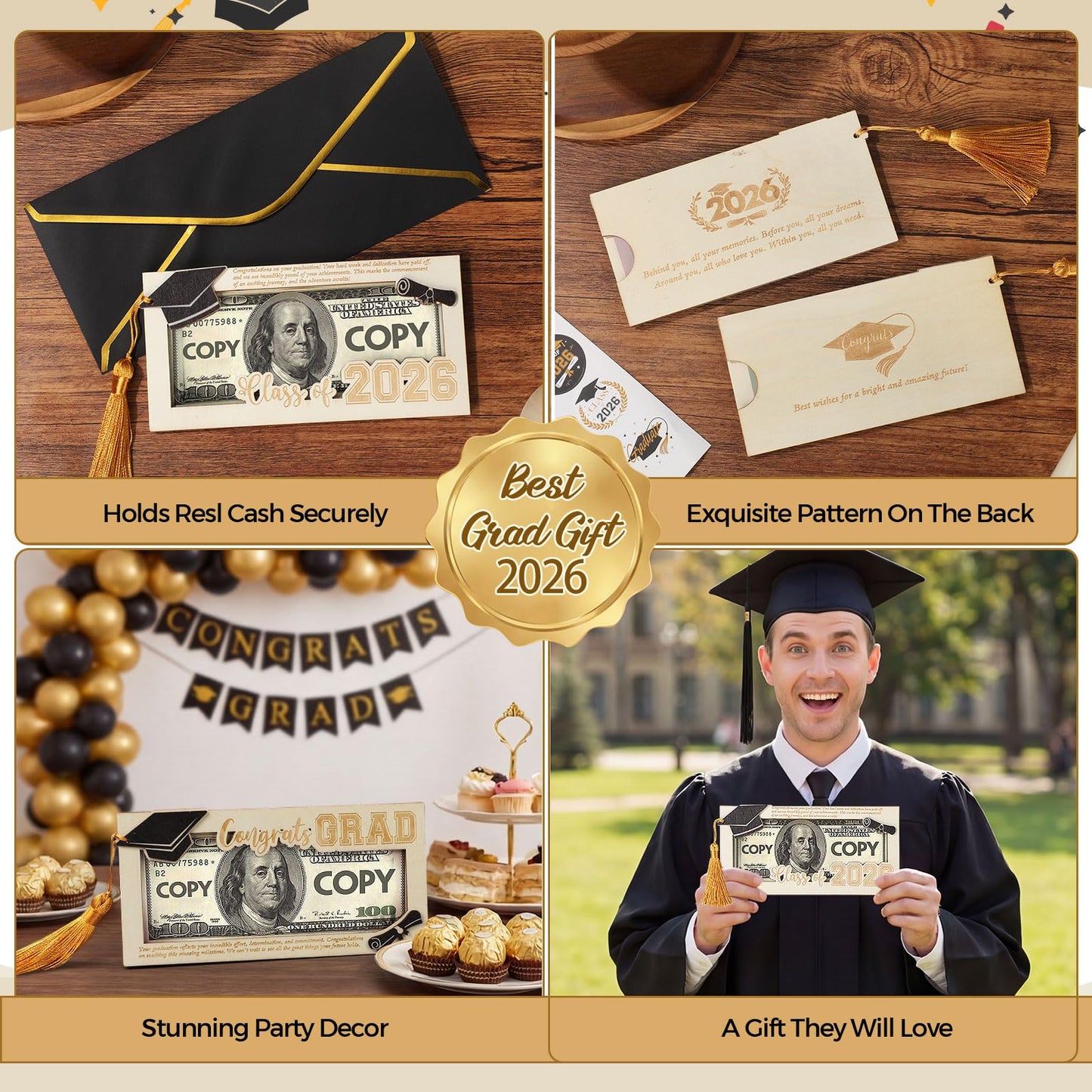 Blosssound 12 Pack Graduation Money Holder - Class of 2026 Wooden Congrat Grad Card Sleeve for Seniors High School & College Graduation Gift Unique Cash Envelope Holder for Party Supplies (Fresh)