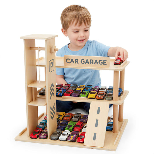 Woodtoe Wooden Display Case for Hot Wheels & Matchbox, 1/64 Scale Diecast Toy Car Display Shelf for 70 Cars, Toy Car Parking Garage Rank with Ramp & Lift, Model Toy Cars Storage Organizer for Kids 3+
