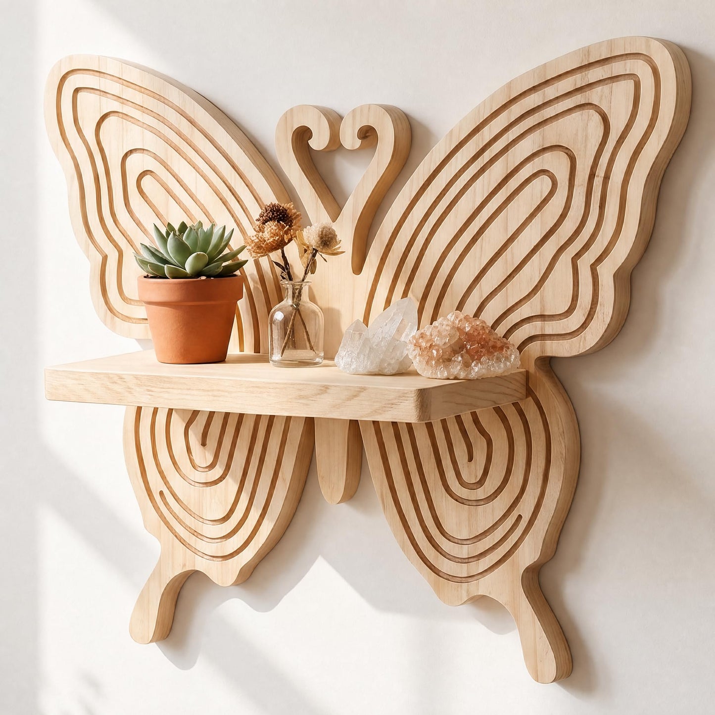 Stylitzy Boho Butterfly Wooden Floating Wall Shelf, Carved Wood Wall Art Decor, Wall Mounted Display Rack for Plants, Photos & Figurines, Hanging Storage Shelf for Bedroom Living Room