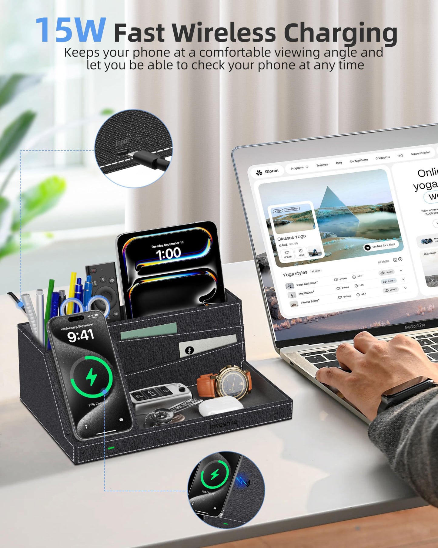 Investme Wireless Charger with Desk Organizer, Fast Charging Station for iPhone 16/15/14/13/12/11 Pro Max, Desk Phone Charger Stand, Desktop Nightstand Organizer Pen Holder for Home Offfice Supplies