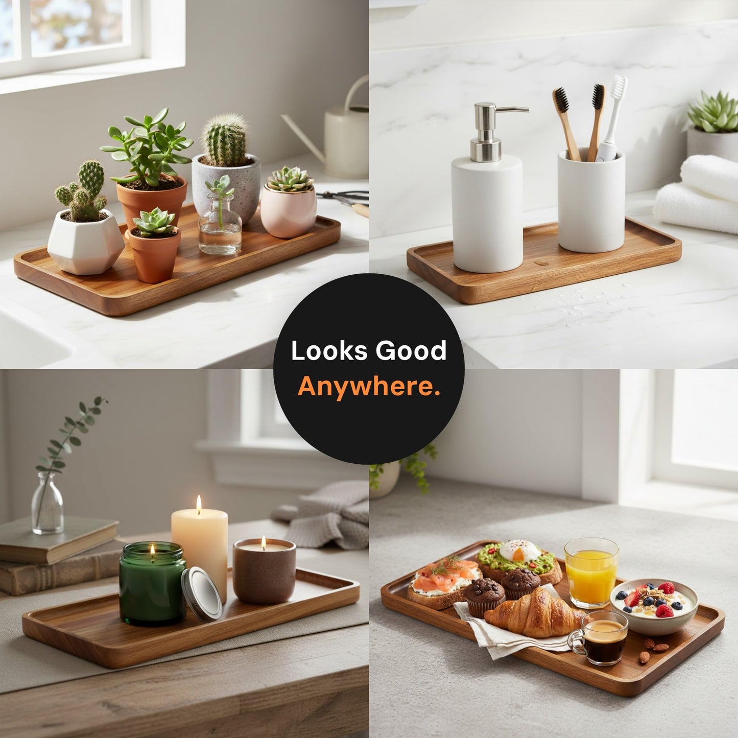 Maple Mill - Acacia Rectangle Wooden Tray - 2 Sizes 16" X 12" and 10" X 6" - Food Safe Serving Tray - Large & Small Wooden Trays Combination - Durable Wood Display Tray for Coffee Party or Home Decor
