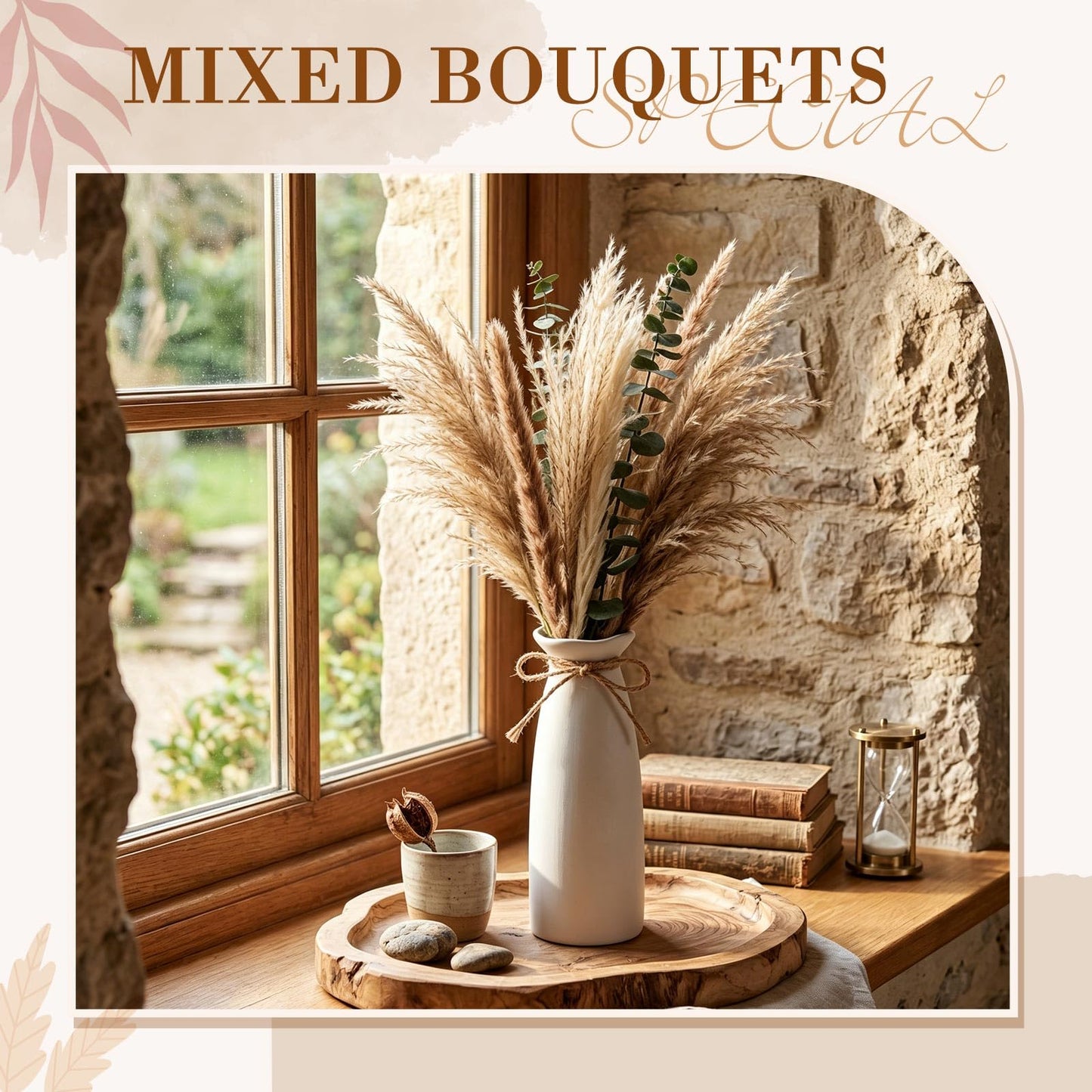 Hushee 3 Set Pampas Grass Decor with Ceramic Vases, 60 Pcs Dried Pampas Grass Arrangement, Boho Decor Set for Farmhouse Living Room Table Centerpiece Entryway Shelf Decoration