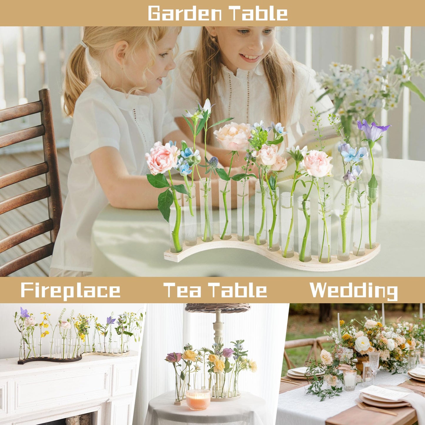 Test Tube Vases for Flowers，Small Plant Propagation Station，S Shape Plant Terrarium with Wooden Stand(Light Wood)