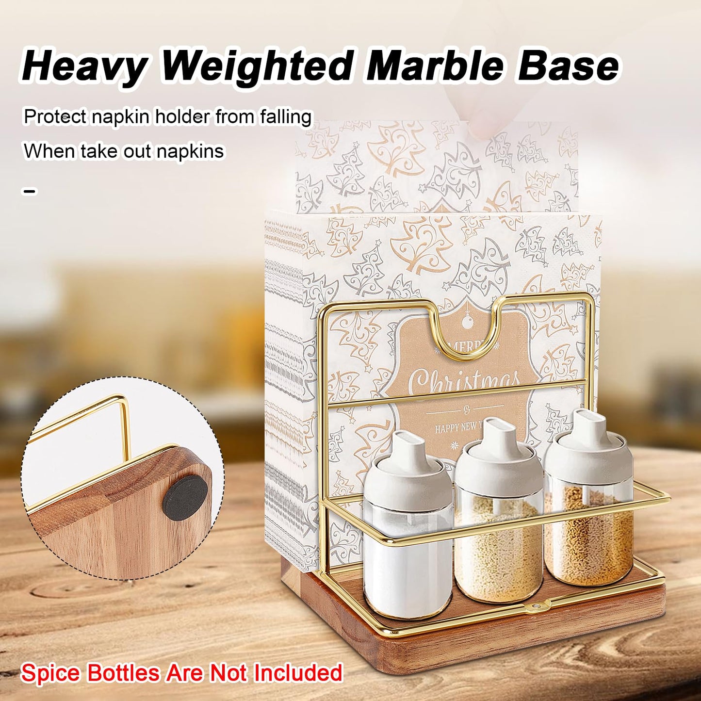 Livabber Napkin Holder, Metal Napkin Storage with Salt and Pepper Shakers Caddy Modern Napkin Dispenser for Table Kitchen Countertop, Not Including Salt and Pepper Shakers (Middle Wooden, Gold)