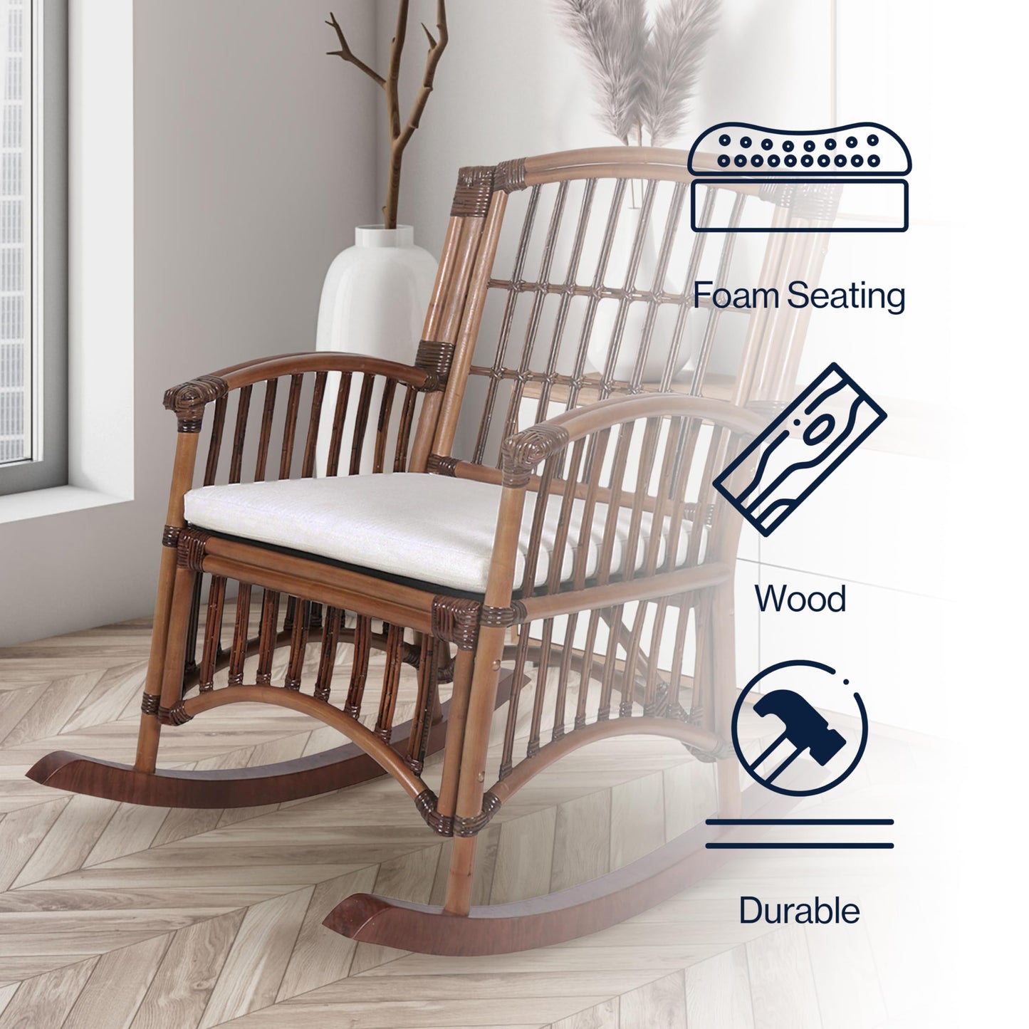 JONATHAN Y Swayze Mango Wood and Rattan Rocking Chair with Cushion, 39" H Bohemian Indoor Accent Armchair for Nursery or Living Room, Brown RCK200A