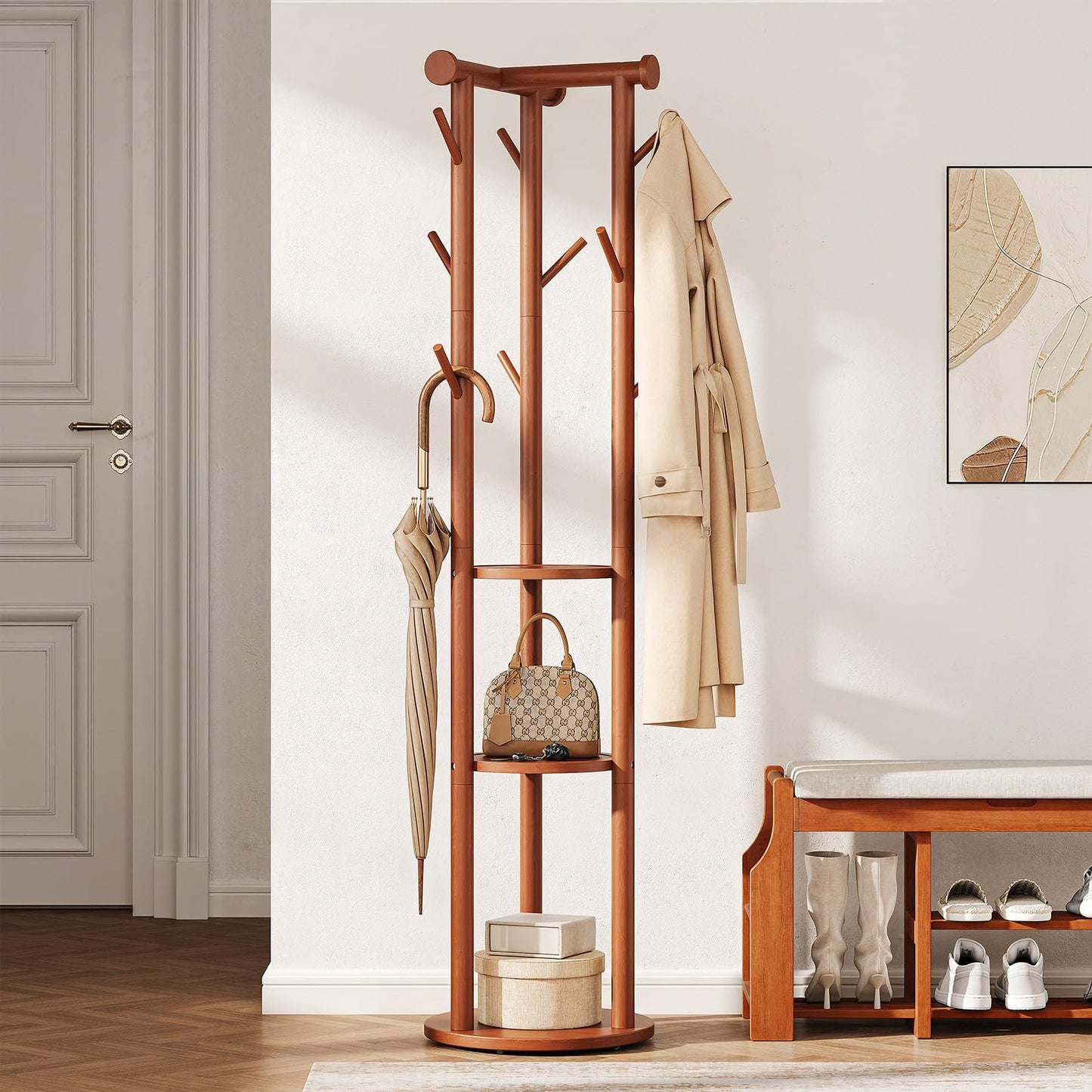 Pipishell Coat Rack Freestanding, Rolling Pine Wood Coat Tree with Wheels, 9 Hooks, T-Shaped Top & 3-Tier Shelves for Entryway, Hallway, Bedroom, Hall Tree for Coats, Bags, Hats & Scarves