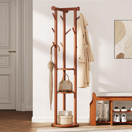 Pipishell Coat Rack Freestanding, Rolling Pine Wood Coat Tree with Wheels, 9 Hooks, T-Shaped Top & 3-Tier Shelves for Entryway, Hallway, Bedroom, Hall Tree for Coats, Bags, Hats & Scarves