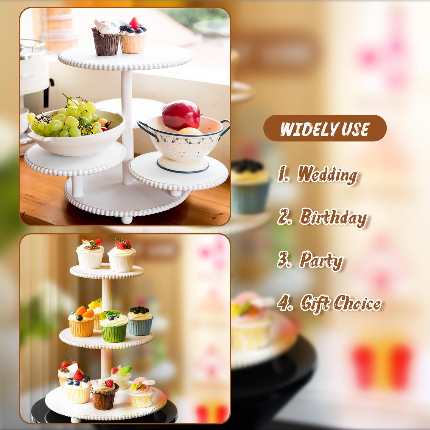 GENMOUS 2PCS 3 Tier and 4 Tier Beaded Cupcake Stand Set for Birthday Party Decor,Rustic Wooden Cupcake Tower Stands for 74 Cupcakes,White Cupcake Tiered Stand Display for Wedding Baby Shower Tea Party