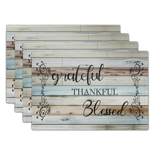 Giwawa Wood Board Placemats, Grateful Thankful Blessed Rustic Linen Washable Place Mat, Vintage Wooden Grain Heat Resistant Table Mats for Kitchen Dining Party Decor, Set of 4, 12x18 Inch