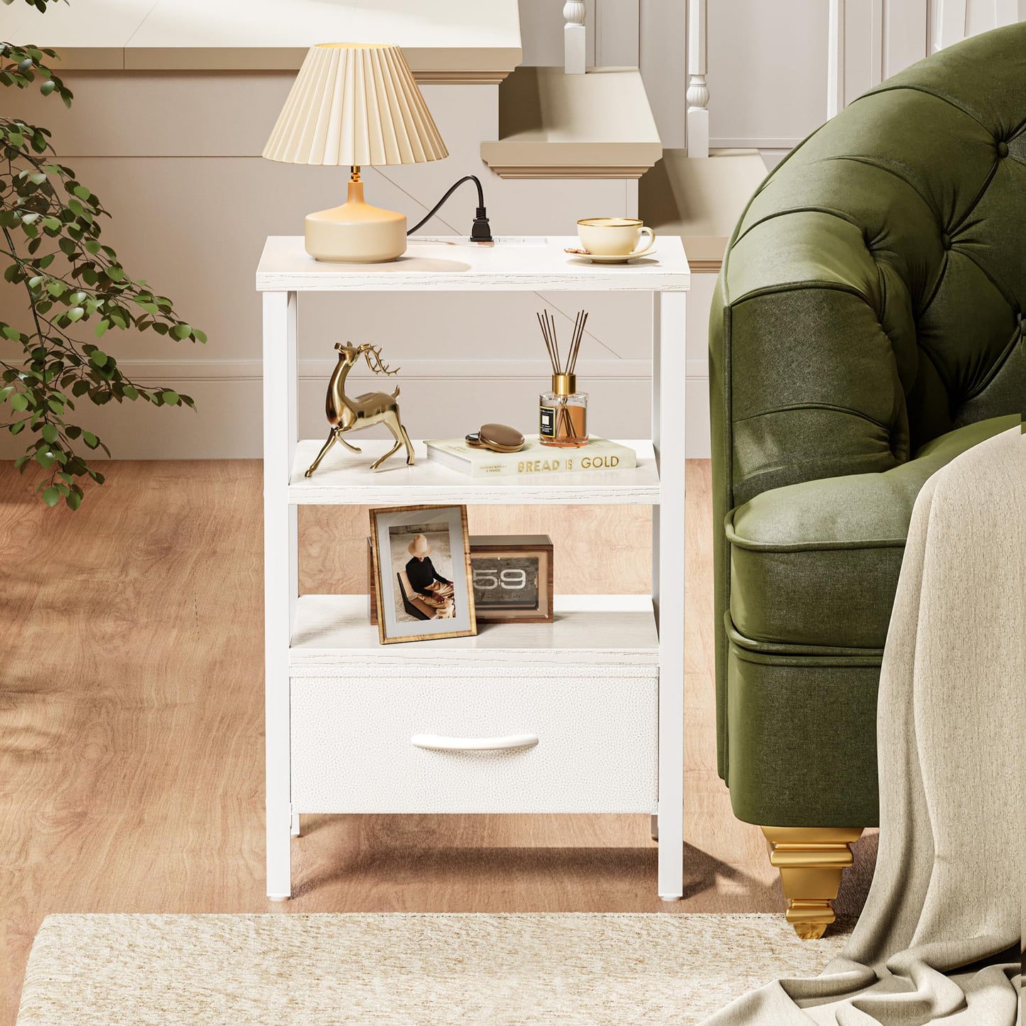 SUPERJARE Nightstand with Charging Station, Bed Side Table with Adjustable Fabric Drawer, Night Stand for Bedroom, 3-Tier Storage End Table, for Living Room, White