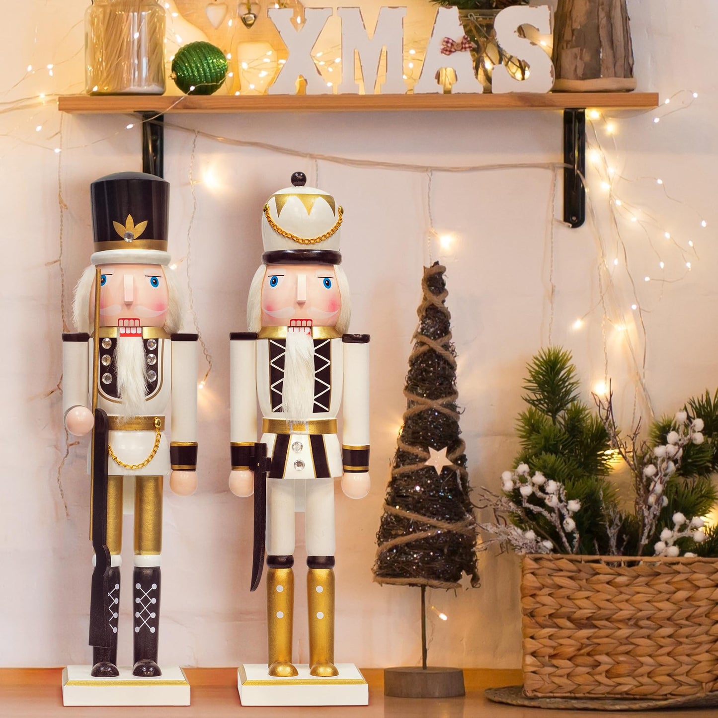 KI Store Black and White Christmas Nutcracker 15-Inch Set of 4 Wooden King and Soldier Nutcracker Figurine Display Set for Christmas Decorations