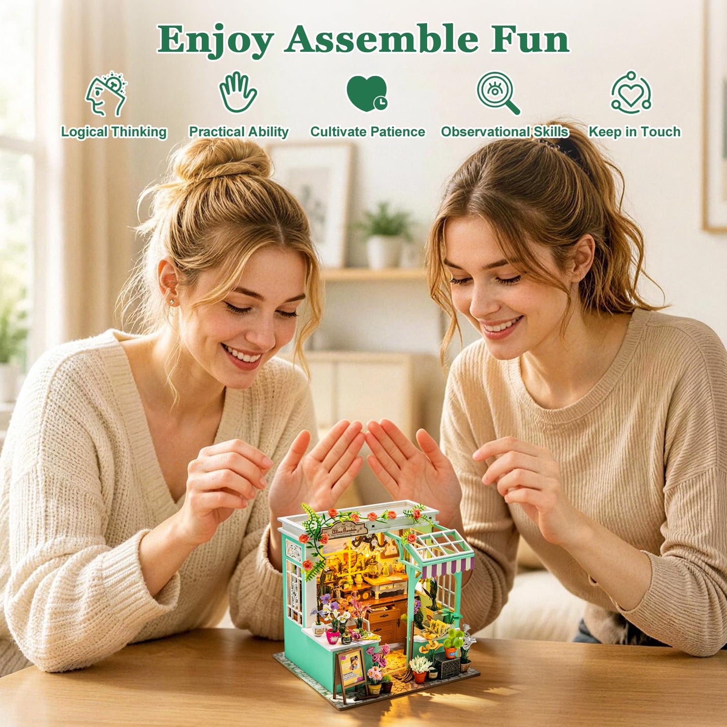 Hallisun DIY Miniature House Kit, Alice Garden Tiny 3D Wooden House Making Set for Adults, Dollhouse Bookshelf Decor with Furniture & LED Lights, Christmas Birthday Greenhouse Craft Gift for Friend