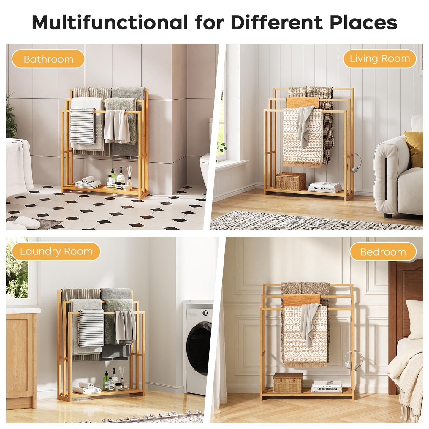 oakvivo Free Standing Towel Rack, 3 Tier Bamboo Blanket Rack for Bathroom, Blanket Drying and Display Racks with Shelf, Blanket Holder for Oversized Bath Towels (Natural)