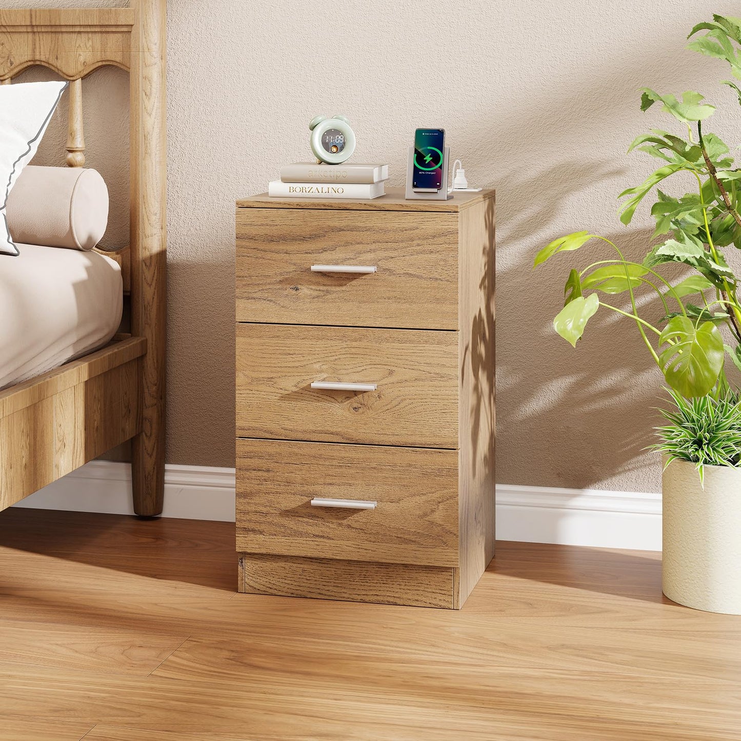 Giantex Night Stand with Charging Station - 26’’ Tall Side End Table w/3 Storage Drawers, Wooden Nightstand Chest of Drawers, Wood Dresser for Bedroom Office (1, Natural)