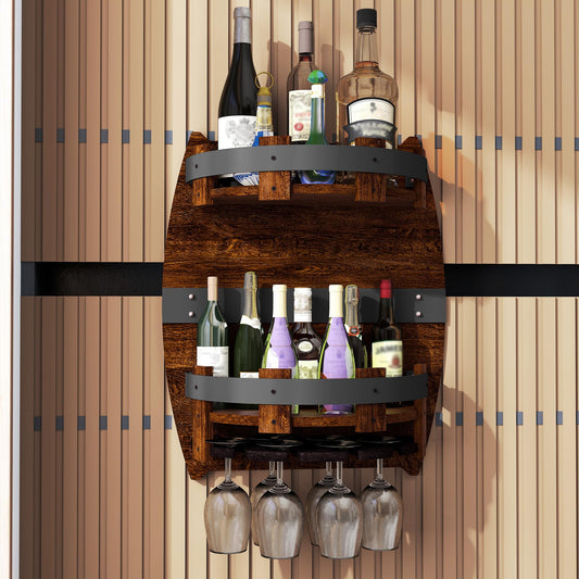 yeshine Whiskey Barrel Shelf Wall Mounted, Vintage Wine Rack with Glass Holder, Wooden Handmade Bourbon Shelf, Bar Liquor Bottle Holder, Gift for Wine Lover, Drinks Cabinet Rack for Whiskey, Beer
