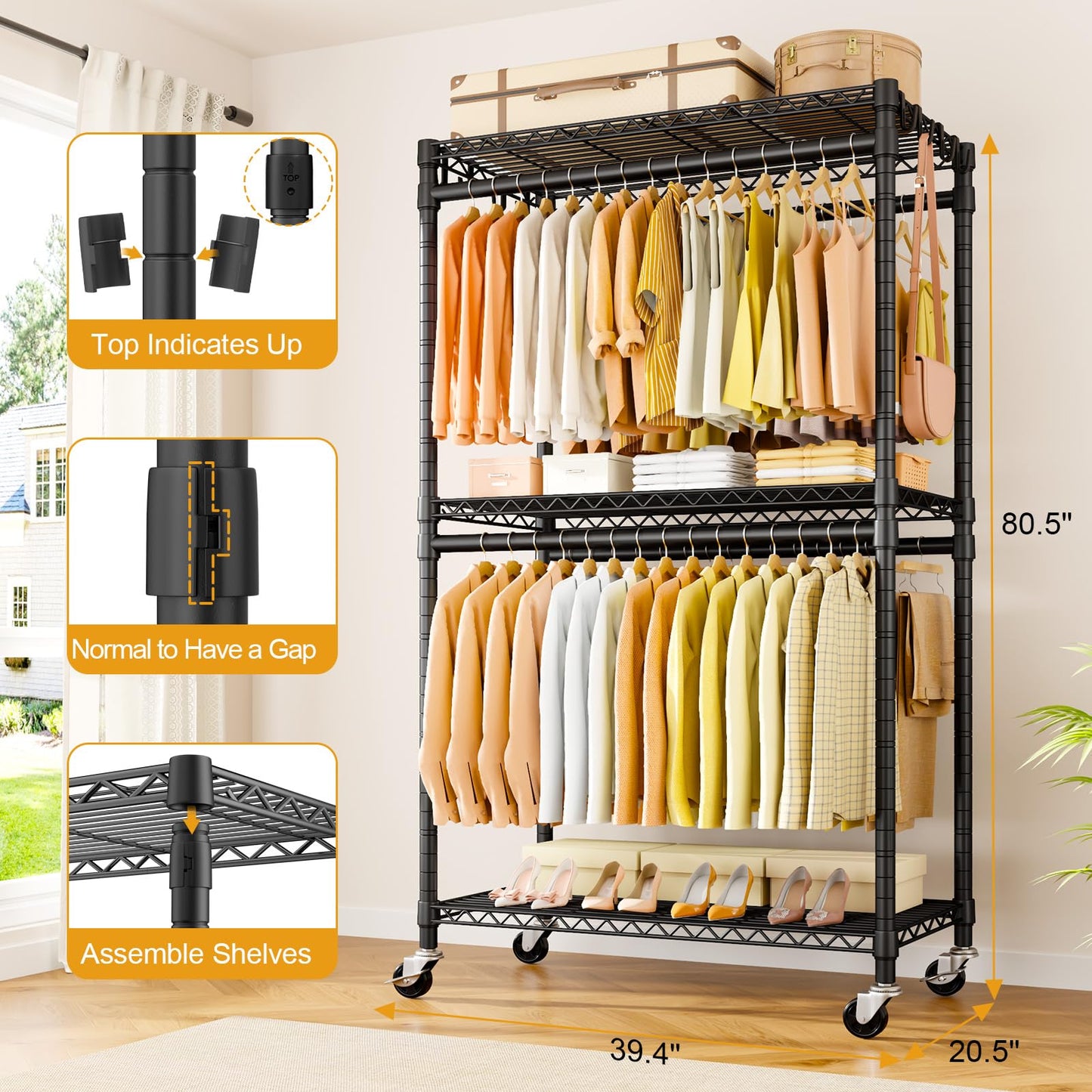 ULIFHOME P5 Rolling Clothes Rack Heavy Duty, Clothing Racks for Hanging Clothes, Metal Garment Rack with Wheels, 3-Tier Portable Closet Rack 39.4'' W × 20.5'' D × 80.5'' H, Max Load 650 Lbs, Black