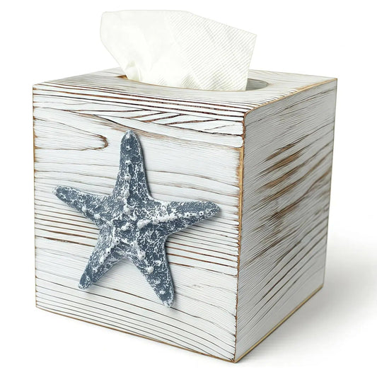 Ovimyne Coastal Tissue Box Cover Wooden Retro with Sliding Bottom Panel Beach Decor for Bathroom Bedroom Living Room,Starfish Decor Suitable for Coastal Gifts Beach House Gifts