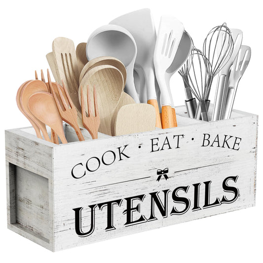 Suli Extra Large Kitchen Utensils Holder with 4 Compartments, Wooden Utensil Organizer for Kitchen Countertop, Farmhouse Decor, Rustic Cooking Utensil - White grain