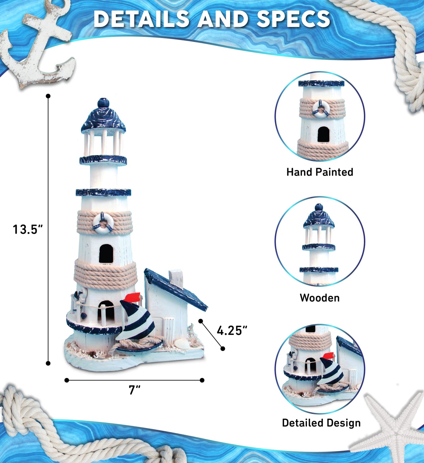 COTA Global Ocean Blue Lighthouse Decor - Handmade and Crafted Wooden Lighthouse Decoration with Sailboat Figure, Nautical Themed Home Decor – 13.5 Inch