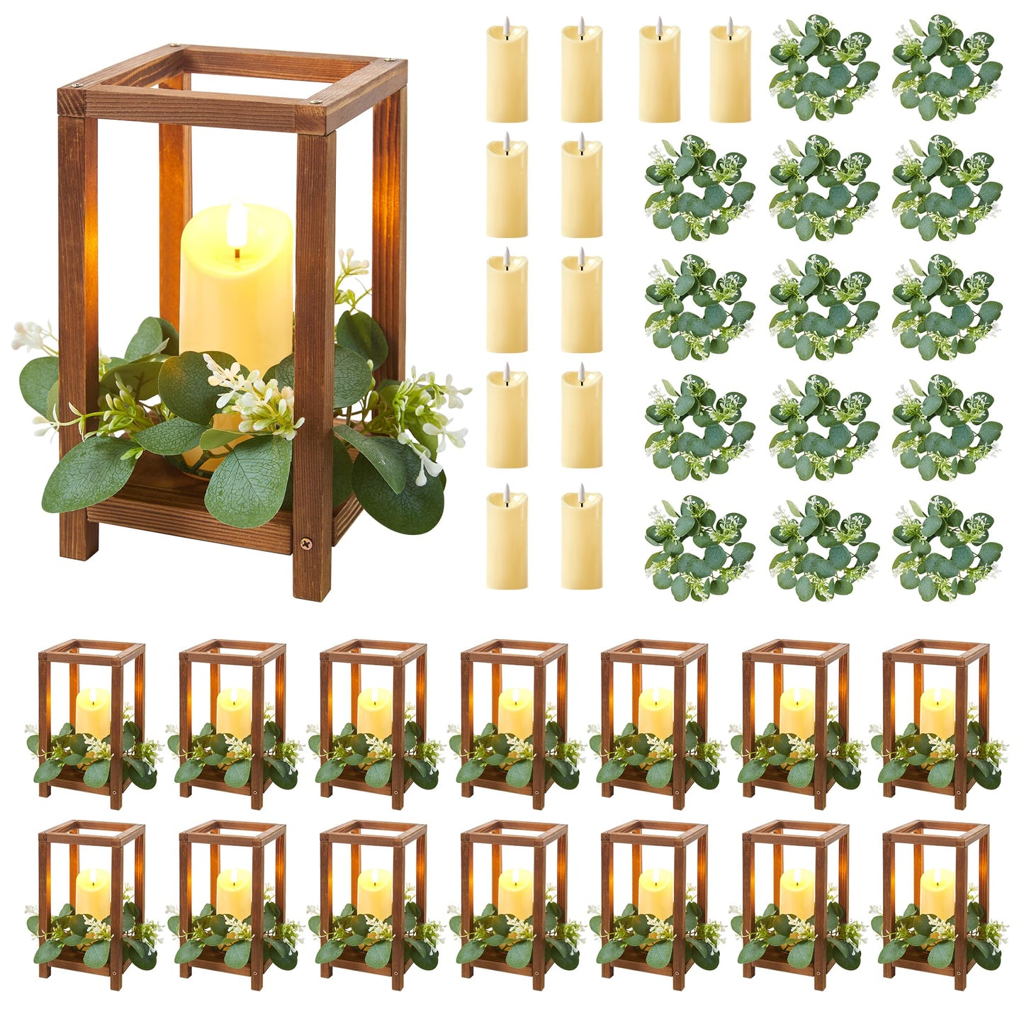 42 Pcs/14 Set Wooden Wedding Lantern Centerpiece,Wooden Centerpieces for Tables-with 14 Holders 14 Candles 14 Wreaths for Rustic Table Decoration Country Barn Wedding Party (Brown)