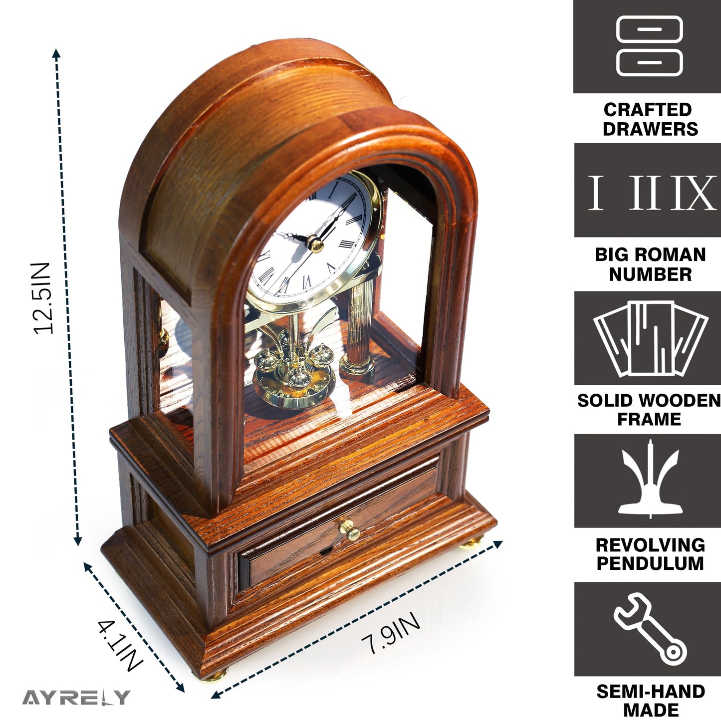 AYRELY® Wooden Table Anniversary Clock, Antique Shelf Clocks, Revolving Pendulum Mantel Clocks, Desk Grandfather Clock for Living Room, Home Decor Gift
