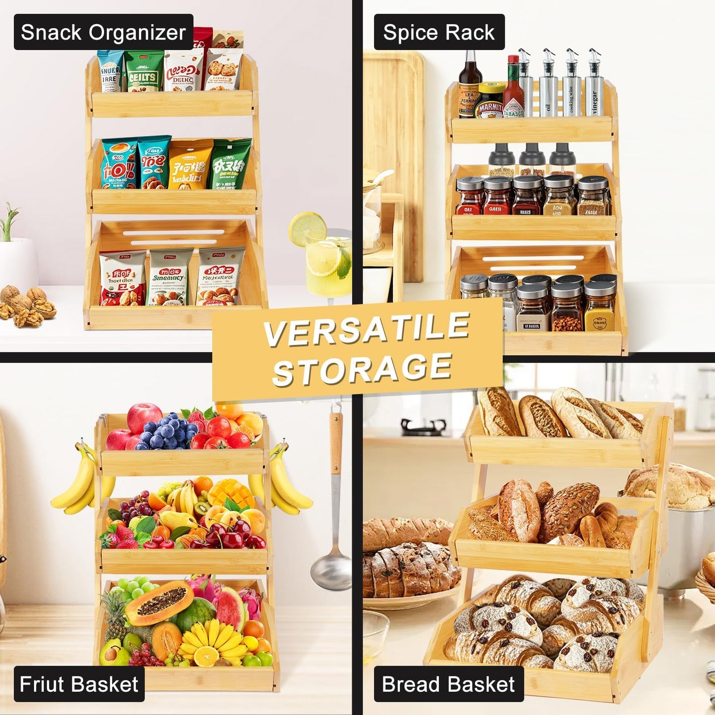 NadaKin Bamboo Fruit Basket 3 Tier for Kitchen Counter, Assemble Display Stand for Countertop with 2 Metal Hooks, Large Storage Organizer Produce Holder for Vegetables, Bread, Snacks