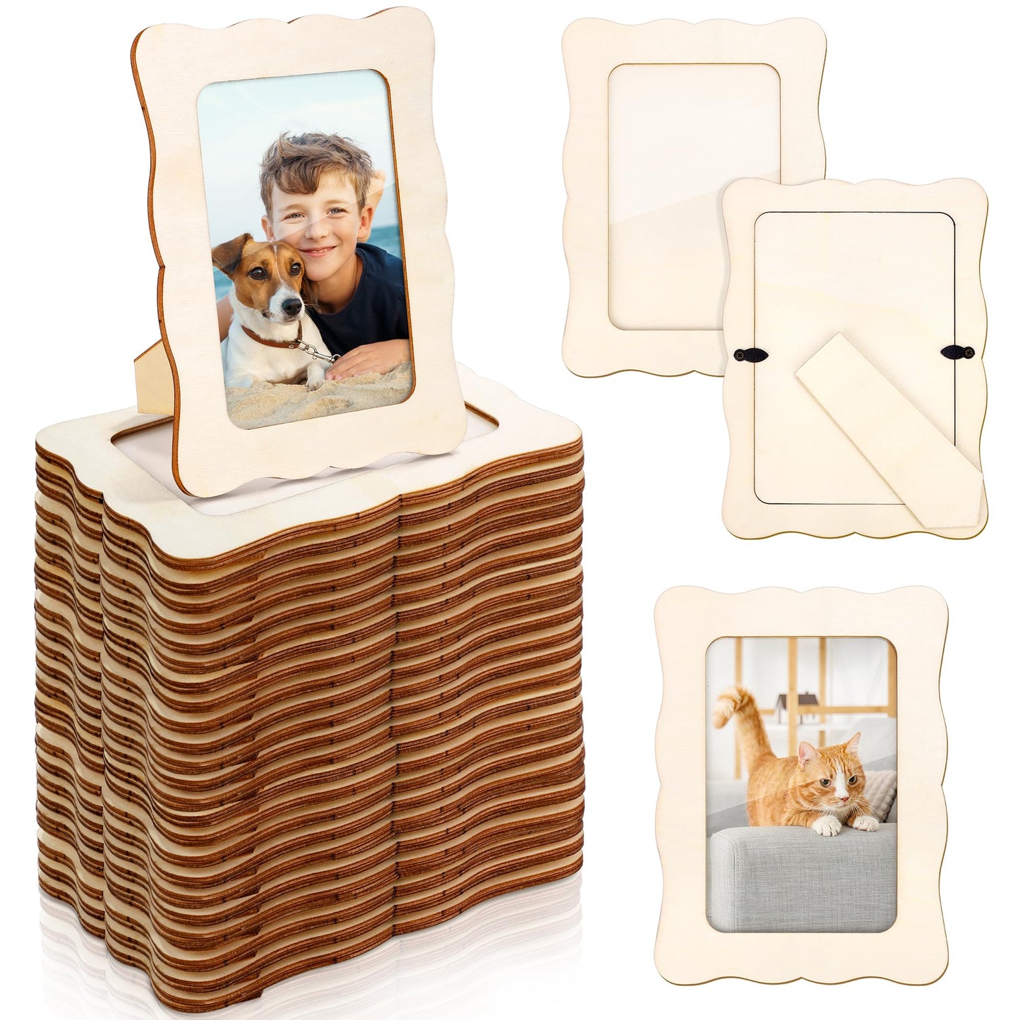 Fovths 30 Pieces Wooden Picture Frame Unfinished Wood Photo Frames 4x6 Inch Wavy Edge DIY Picture Frame Set with PVC Cover for Photos Postcard Craft DIY Art Projects, Home Decor
