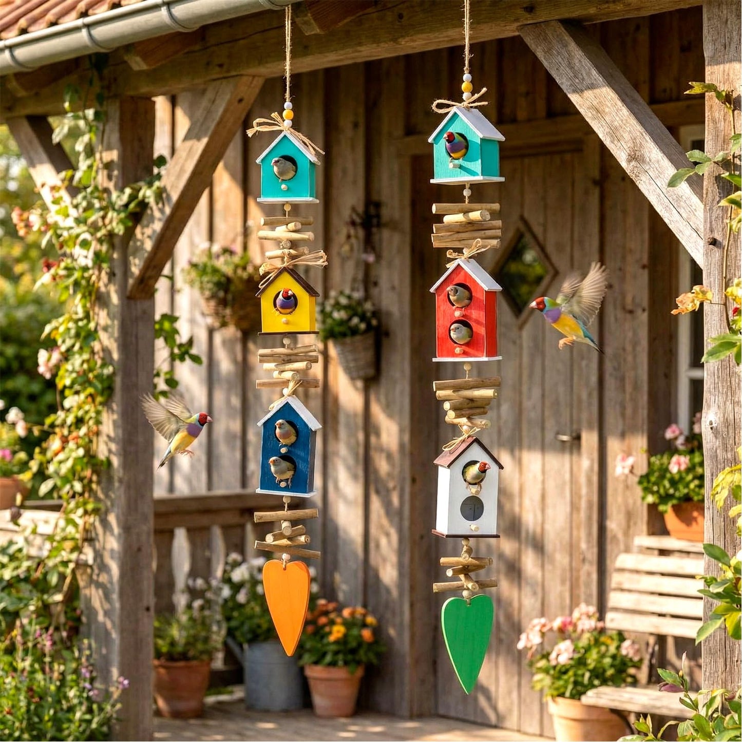 2 Pack Birdhouse Bird Feeders for Outdoor, Colourful Hanging Wooden Bird Feeder Outside Garden Yard Farmhouse Birds Feeders for Country Yard Garden Decoration for Cardinals Finches Chickadees