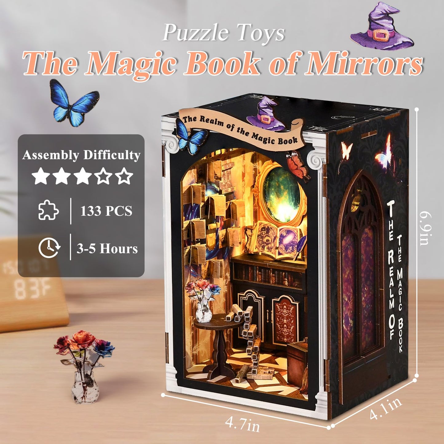 Book Nook Kit Magic Book of Mirrors Wooden Dollhouse， DIY Tiny House Miniature with LED Light, Fantasy Wooden Decor Display for Adults, Tiny Homes to Live in for Bookshelf, Battery Not Included