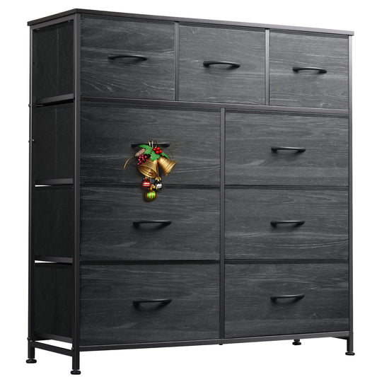 WLIVE 3 Drawer and 9 Drawer Dresser Set, Dresser for Bedroom, Closet, Hallway, Storage Organizer Unit, Dressers & Chests of Drawers with Fabric Bins, Charcoal Black Wood Grain Print