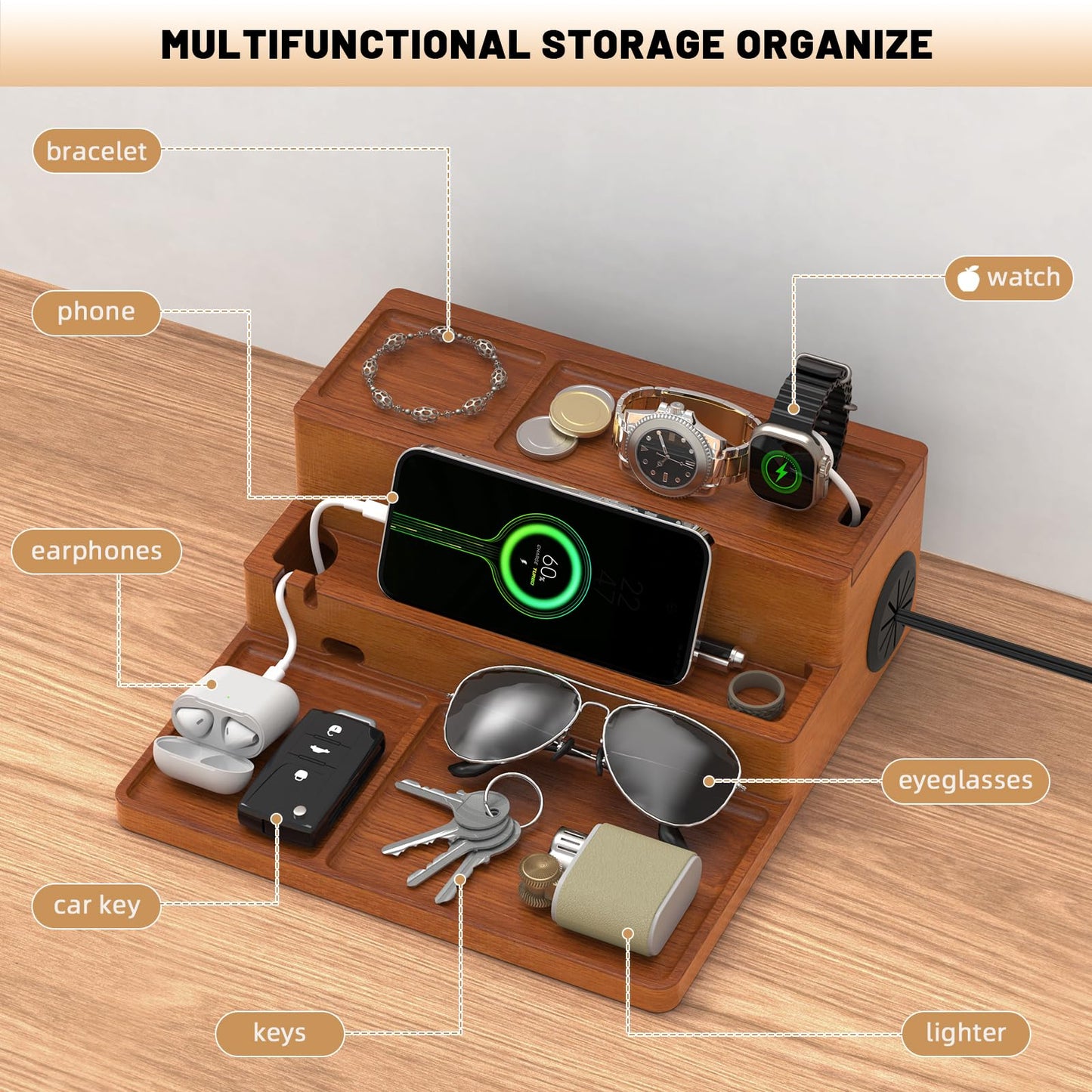 Valet Tray, Nightstand Organizer with Charging Station, Assembly-Free 3 Layer Wood Valet Tray for Men, Phone Docking Station with USB Ports for Watch, Jewelry & Accessories, Nice Gift (Stylish Brown)