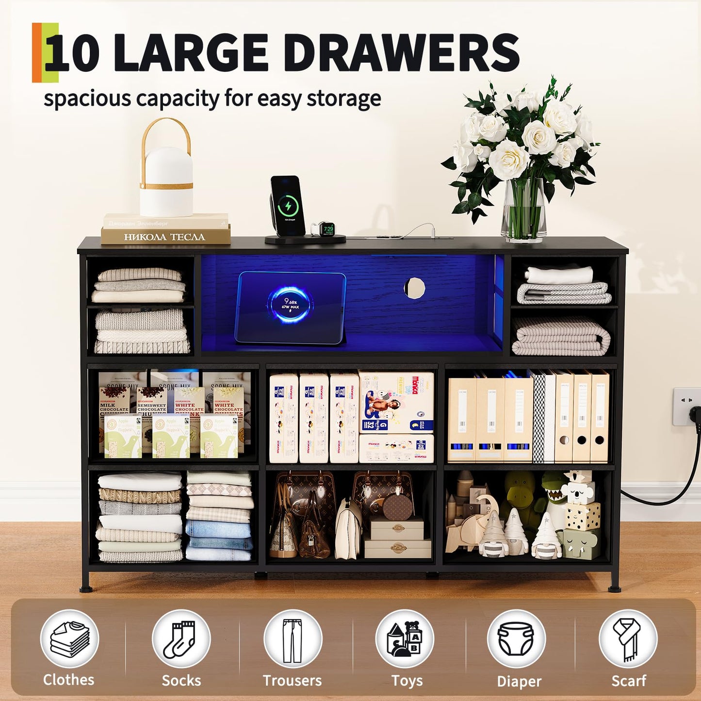 Garvee 10 Fabric Drawers Dresser, Entertainment Center TV Stand with Power Outlet & LED Light for 45"-55" TV, Chest of Drawers with Wood Top and Open Shelves for Bedroom, Living Room, Hallway, Black