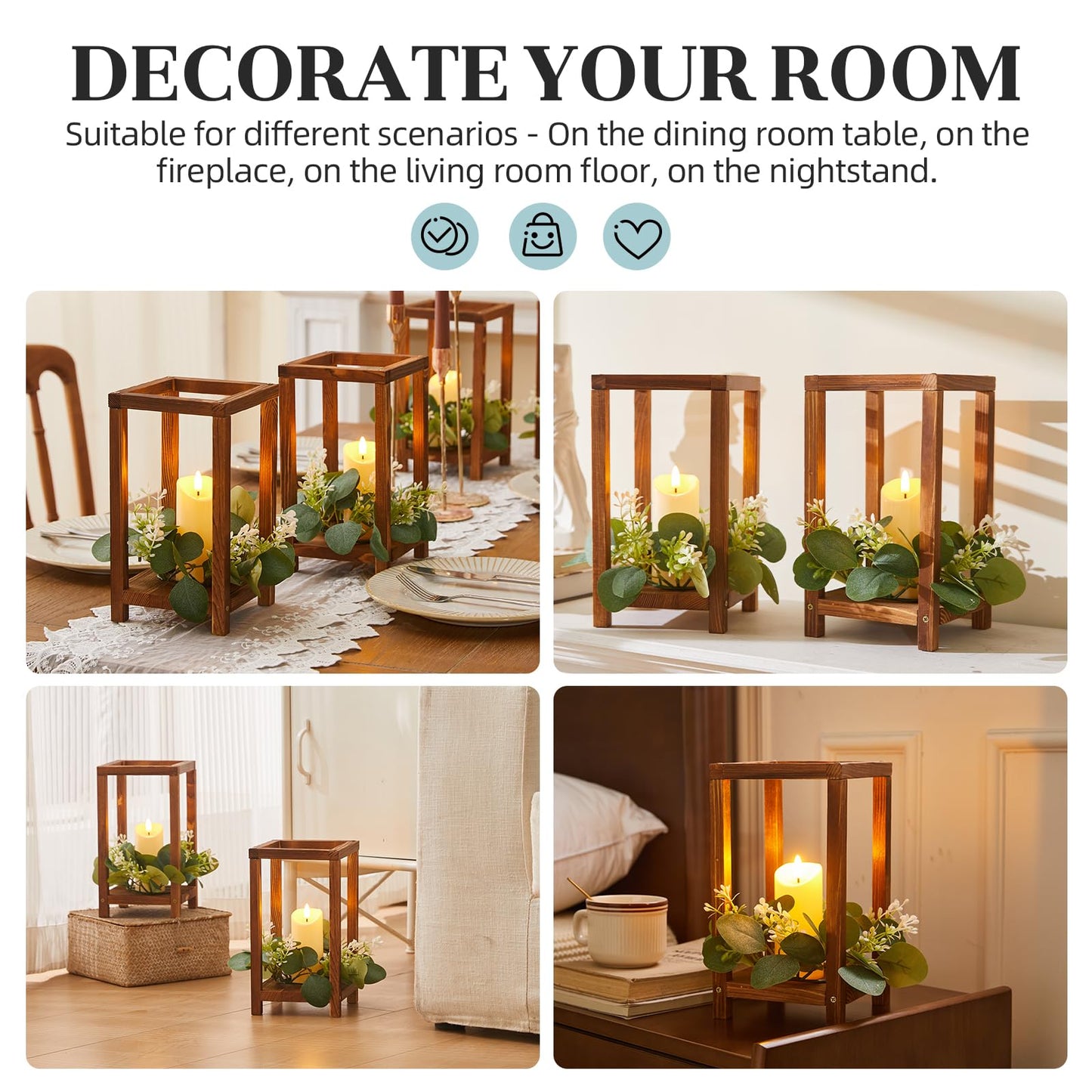 Tristcily 60 Pcs/20 Set Wooden Wedding Lantern Centerpiece,Wooden Centerpieces for Tables-with 20 Holders 20 Candles 20 Wreaths for Rustic Table Decoration Country Barn Wedding Party (Brown)