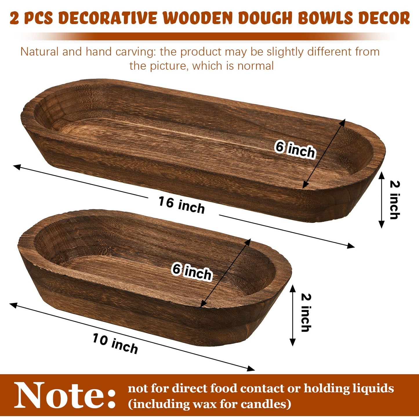 Wooden Dough Bowl Set of 2, Dough Bowls for Decor, Handmade Rustic Centerpiece for Farmhouse Table Decor, Natural Wood Display Tray for Coffee Table(10 x 6 x 2 Inch, 16 x 6 x 2 Inch,Brown)