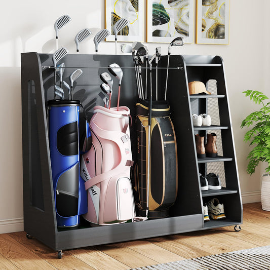 Zevemomo Wooden Golf Bag Organizer with Wheels, Golf Storage Organizer for Garage, 3 Golf Bag Storage Rack, Holds 3 Golf Bags and Golf Equipment, Suitable for Garage Home Golf Club, Gray