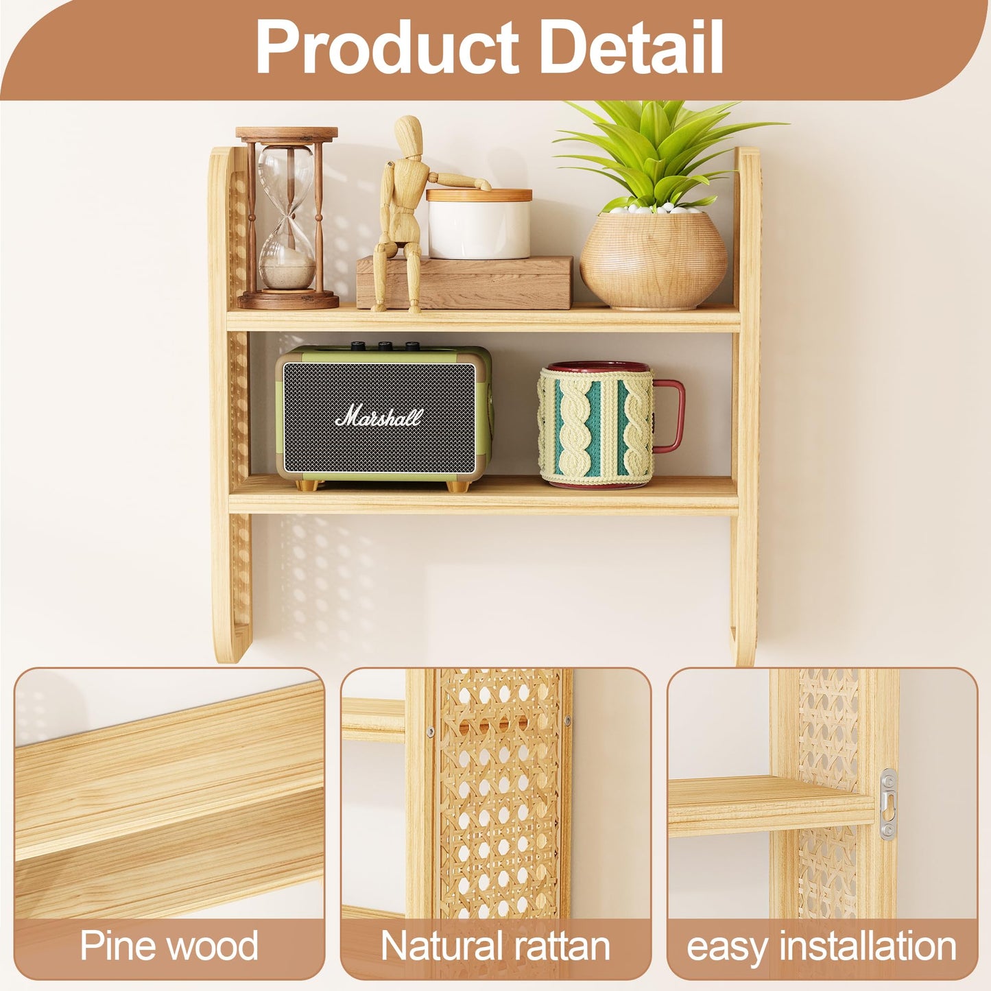 LUPWNEKA Natural 2-Tier Rattan Shelf - Wall Mounted Woven Boho Shelves, Handmade Rattan Display Shelf for Entryway, Nursery, Kitchen, Bathroom & Living Room