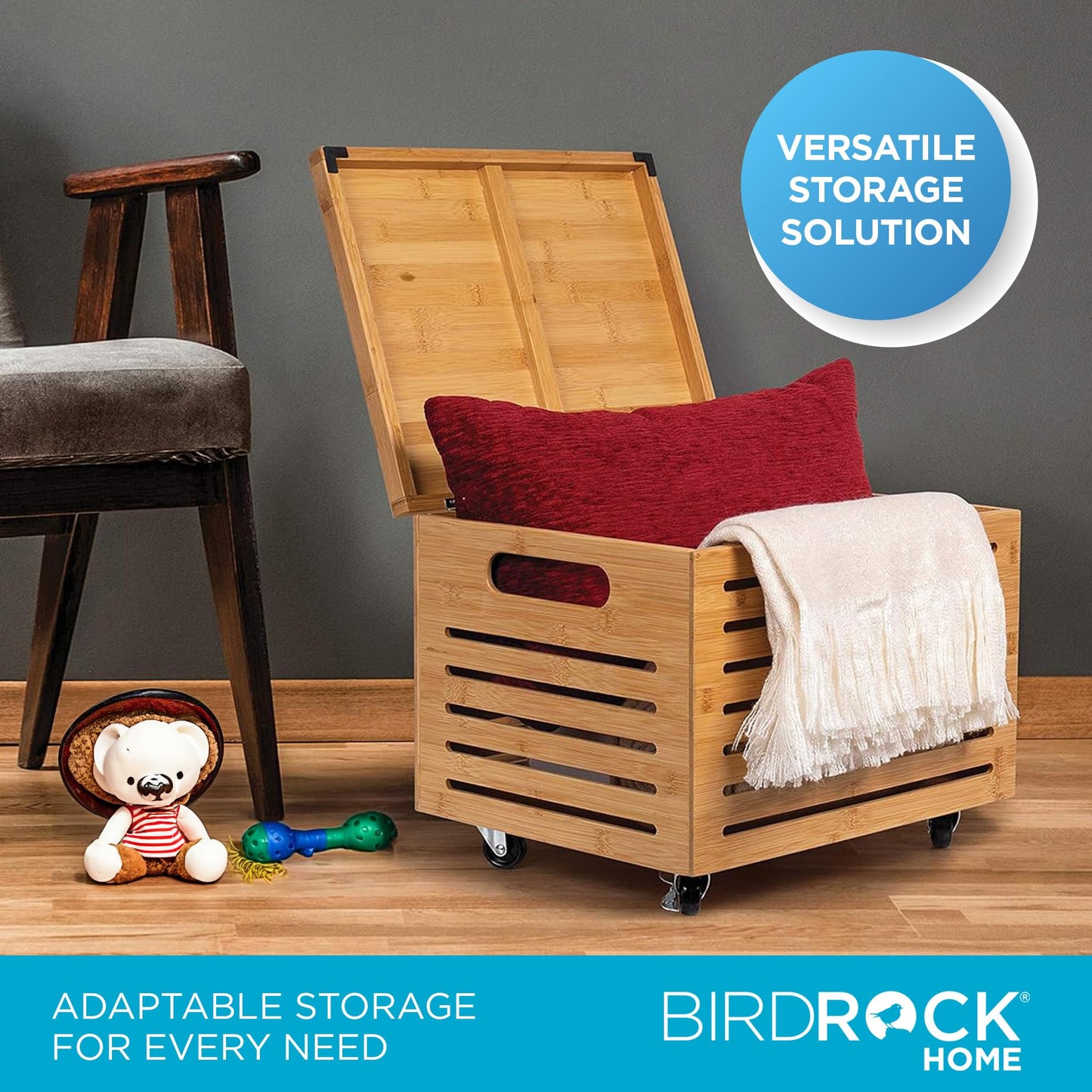 BIRDROCK HOME Rolling File Storage Organizer Box with Lid - Bamboo Decorative Wood Hanging File Box for Letter/Legal Documents, Binders, Blankets - Durable Office Organizer - Natural
