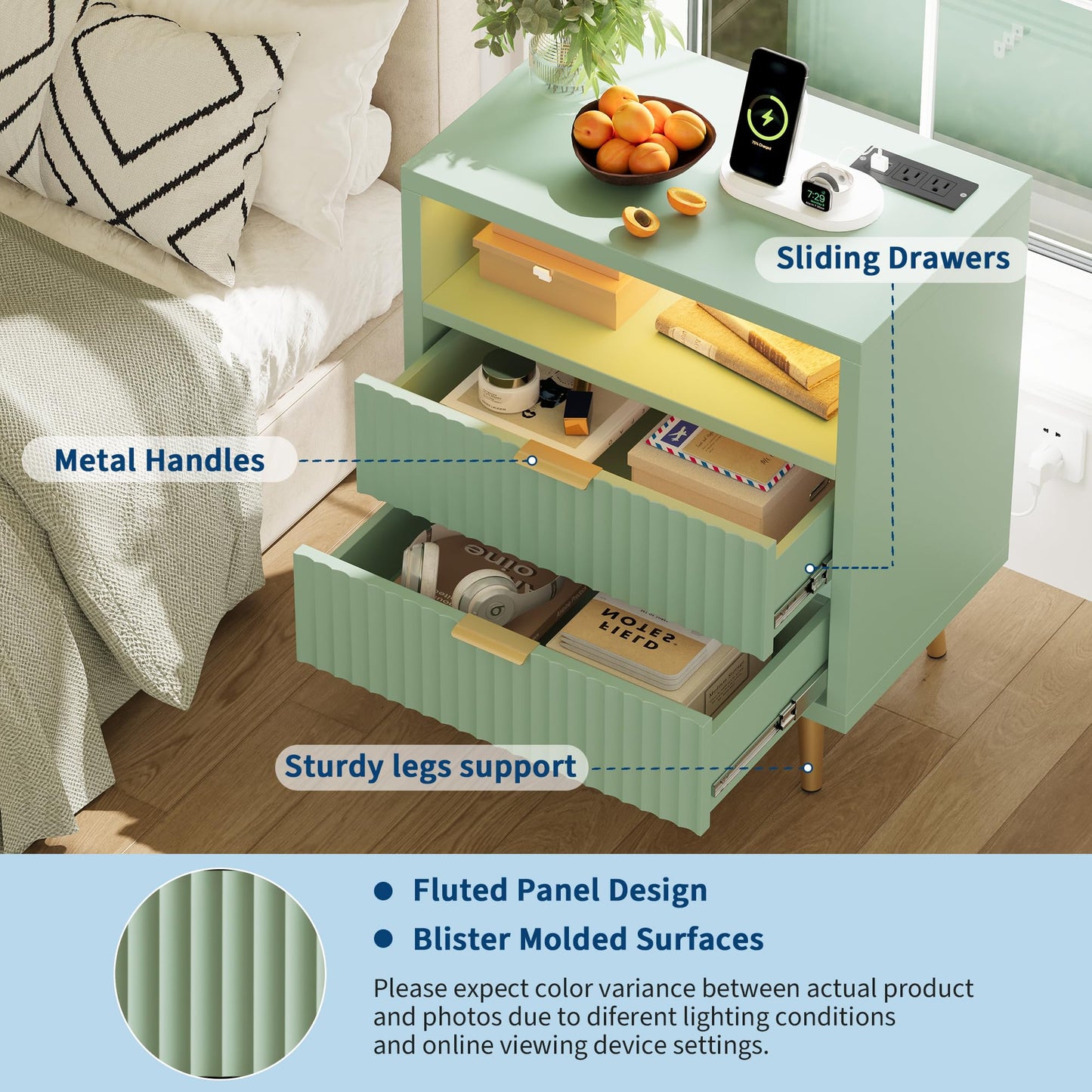 2 Drawers Dresser for Bedroom, 23.6" w Wooden Dresser with LED Lights and Charging Station, Fluted Wood TV Stand with Gold Handle, Modern Chest of Dressers for Closet, Living Room, Hallway, Green