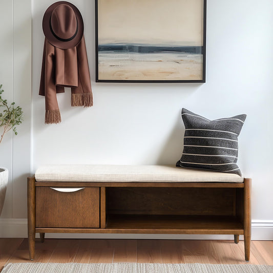 Ink+Ivy Arcadia Entryway Accent Bench with Shelf Shoe Rack, Padded Seating Bench for Living Room, Modern Compact Bed End Bench with Storage for Bedroom Seating, Removable Cushion, 42" W, Walnut Brown